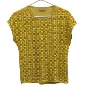 Cato Bright Yellow Floral Crochet Lace Front T-Shirt Medium Hippie